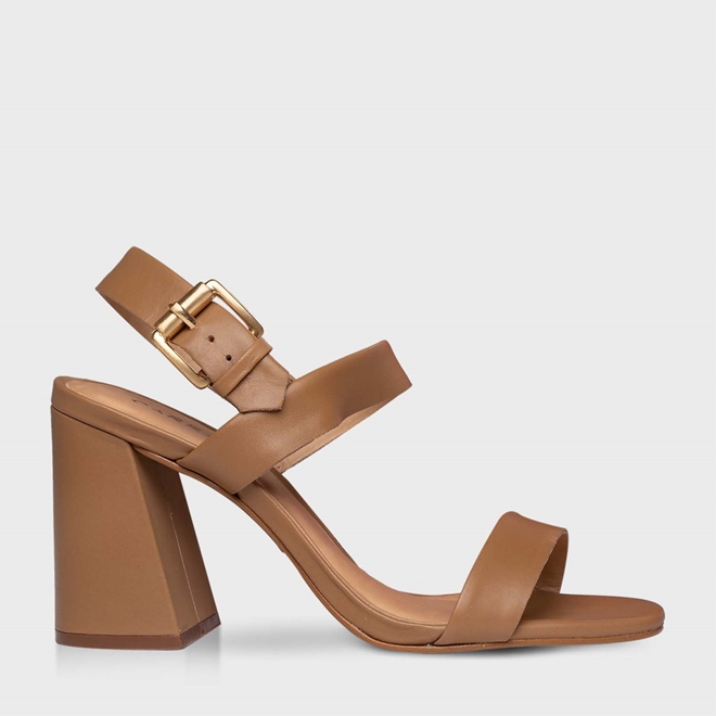 Sand Lia Salto Flare Couro Vaqueta Camel