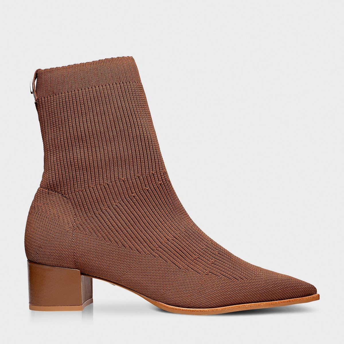 Bota Meia Salto Bloco Baixo Knit Marrom Tan