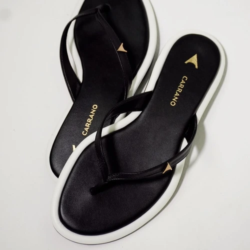 Flat Thong Bicolor Couro Preto