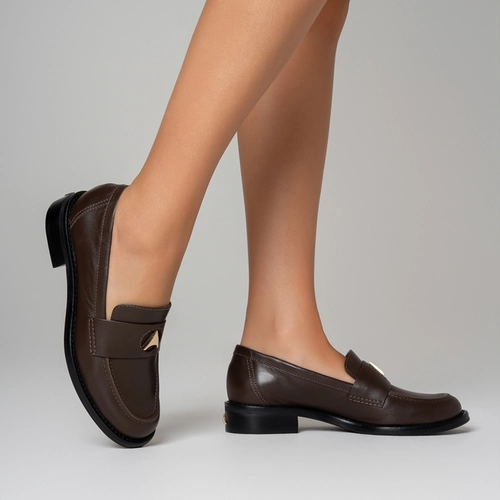 Loafer Icon Salto Bloco Couro Marrom Dark Brown