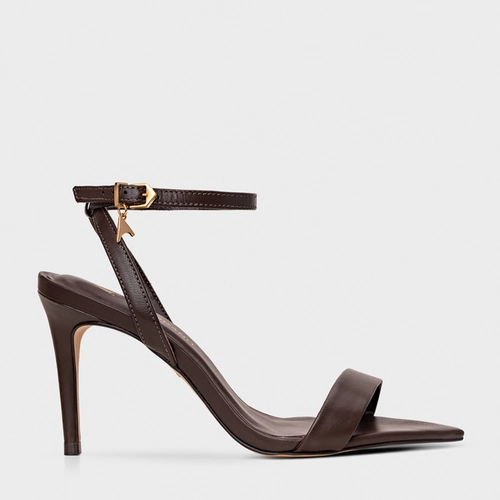 Sandália Minimal Charm Salto Fino Couro Marrom Dark Brown