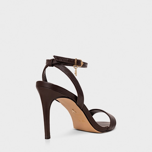 Sandália Minimal Charm Salto Fino Couro Marrom Dark Brown