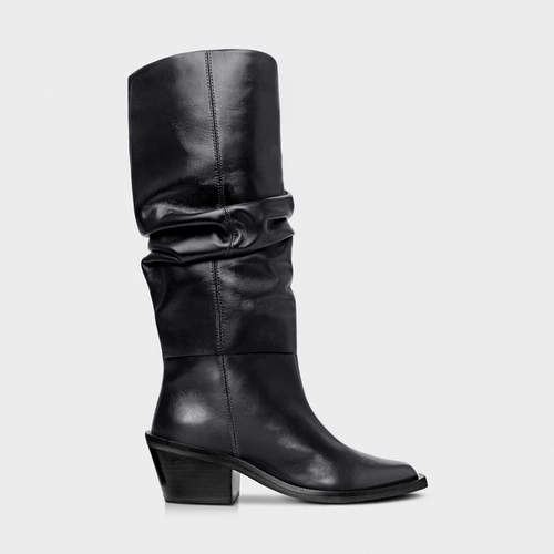 Bota Western Slouchy Salto Bloco Couro Preto