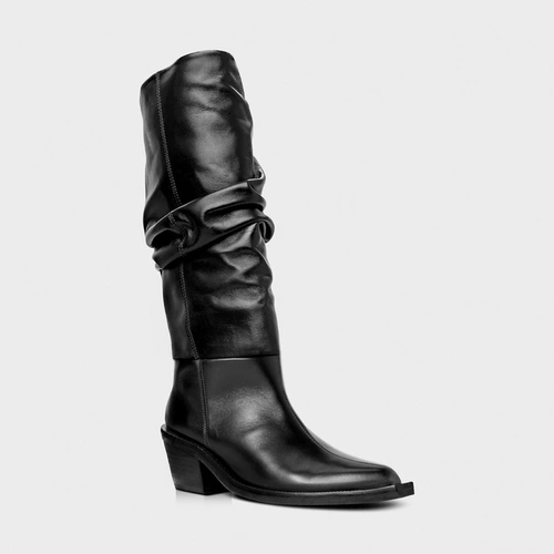 Bota Western Slouchy Salto Bloco Couro Preto