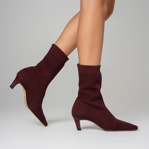 Bota Meia Salto Fino Knit Vinho Mahogany