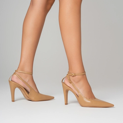 Scarpin Slingback Strips Salto Fino Couro Bege Toffee