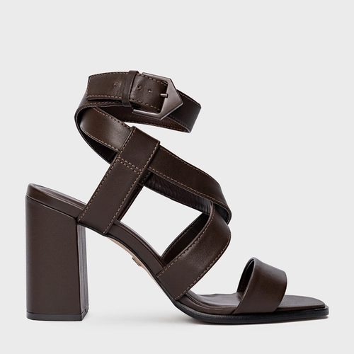Sandália Bold Tiras Salto Bloco Couro Marrom Dark Brown