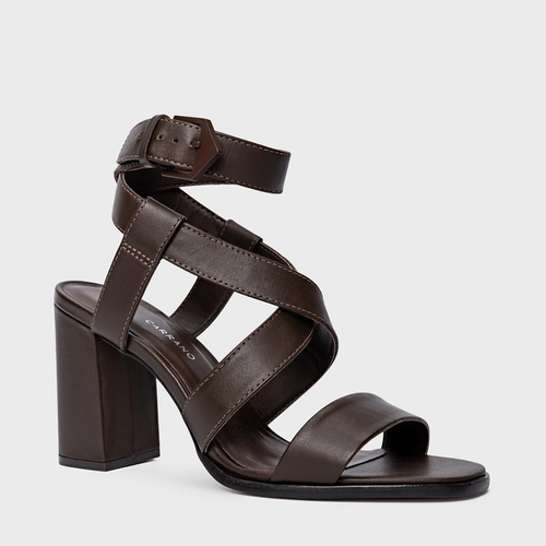 Sandália Bold Tiras Salto Bloco Couro Marrom Dark Brown