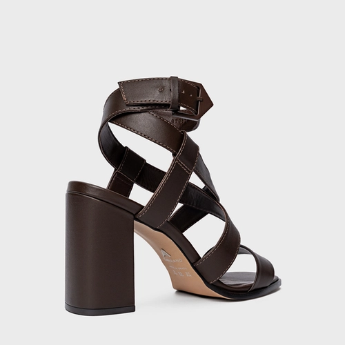 Sandália Bold Tiras Salto Bloco Couro Marrom Dark Brown