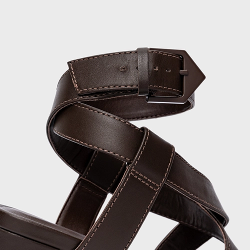 Sandália Bold Tiras Salto Bloco Couro Marrom Dark Brown