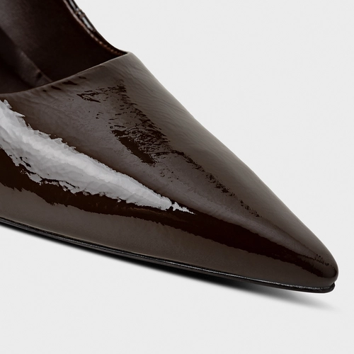 Scarpin Salto Fino Drop Couro Verniz Marrom Dark Brown