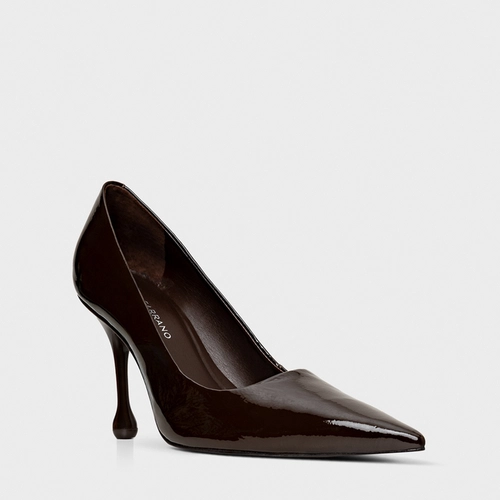 Scarpin Salto Fino Drop Couro Verniz Marrom Dark Brown