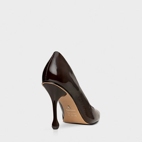 Scarpin Salto Fino Drop Couro Verniz Marrom Dark Brown