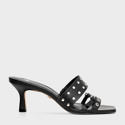 Open Mule Rock Salto Fino Couro Preto