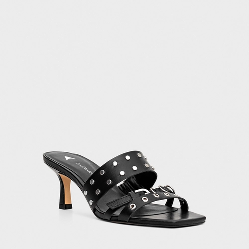 Open Mule Rock Salto Fino Couro Preto