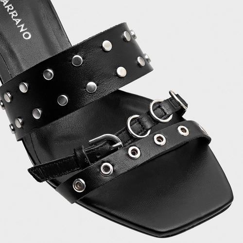 Open Mule Rock Salto Fino Couro Preto