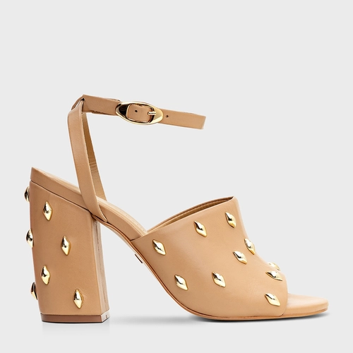 Sandália Drops Salto Bloco Couro Bege Toffee