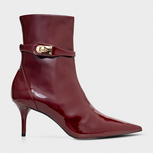 Bota Detail Clasp Salto Fino Couro Verniz Vinho Mahogany