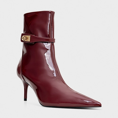 Bota Detail Clasp Salto Fino Couro Verniz Vinho Mahogany