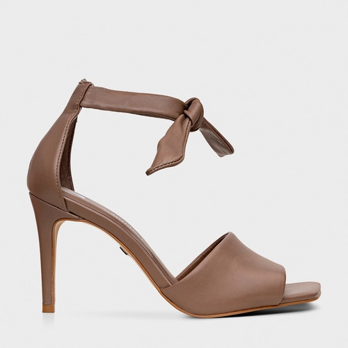 Sandália Lace Knot Salto Fino Couro Marrom Mocha