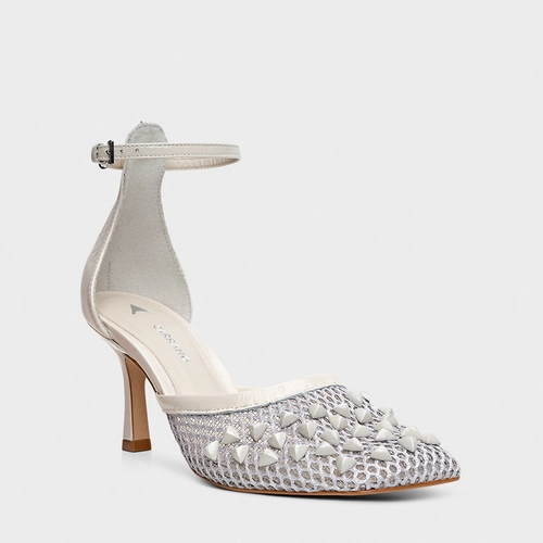 Scarpin Slingback Tela Tachas Salto Fino Off White Lait