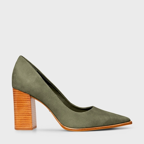 Scarpin Classic Salto Bloco Alto Couro Nobuck Verde Sage