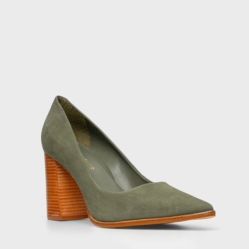 Scarpin Classic Salto Bloco Alto Couro Nobuck Verde Sage