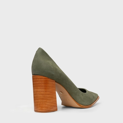 Scarpin Classic Salto Bloco Alto Couro Nobuck Verde Sage