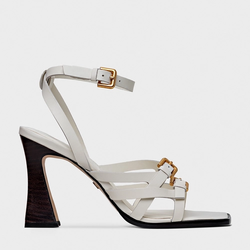 Sandália Tiras Salto Bloco Wave Couro Off White Milk