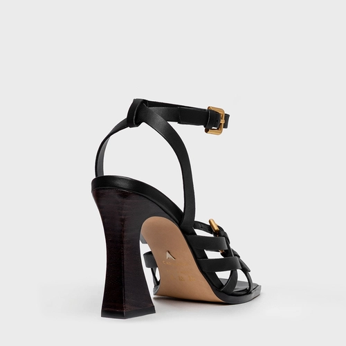 Sandália Tiras Salto Bloco Wave Couro Preto