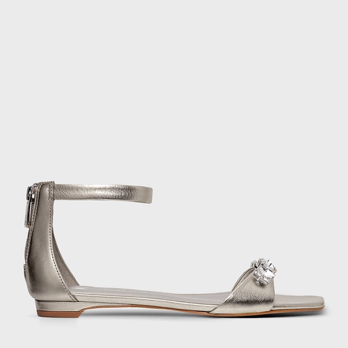 Sandália Flat Cristal Detail Couro Metalizado Champagne