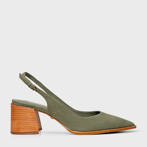 Scarpin Slingback Lauren Salto Bloco Couro Nobuck Verde Sage