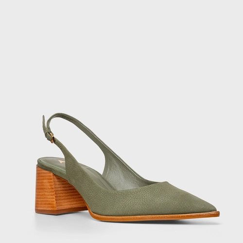 Scarpin Slingback Lauren Salto Bloco Couro Nobuck Verde Sage