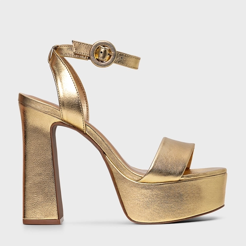 Sandália Plataforma Maxi Glam Couro Metalizado Dourado