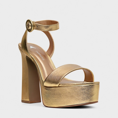 Sandália Plataforma Maxi Glam Couro Metalizado Dourado