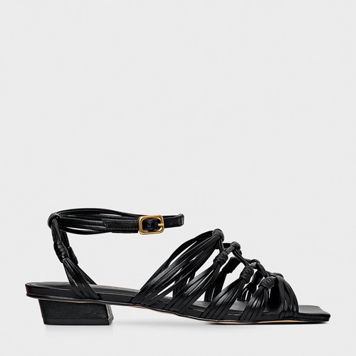 Sandália Strappy Salto Bloco Couro Preto
