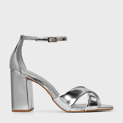 Sandália Glam Tiras Cruzadas Salto Bloco Couro Spechio Prata