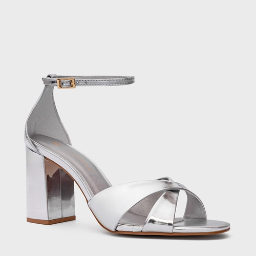 Sandália Glam Tiras Cruzadas Salto Bloco Couro Spechio Prata