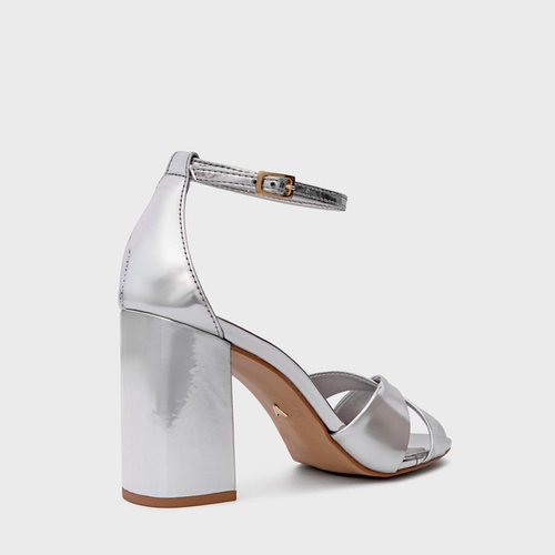 Sandália Glam Tiras Cruzadas Salto Bloco Couro Spechio Prata