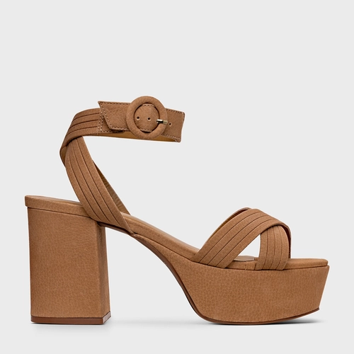 Sandália Plataforma Infinite Salto Bloco Couro Nobuck Bege Toffee