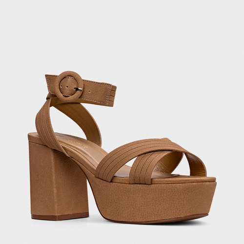 Sandália Plataforma Infinite Salto Bloco Couro Nobuck Bege Toffee