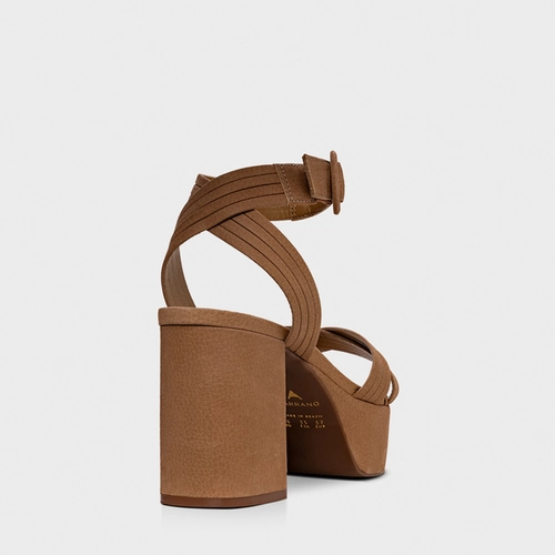 Sandália Plataforma Infinite Salto Bloco Couro Nobuck Bege Toffee