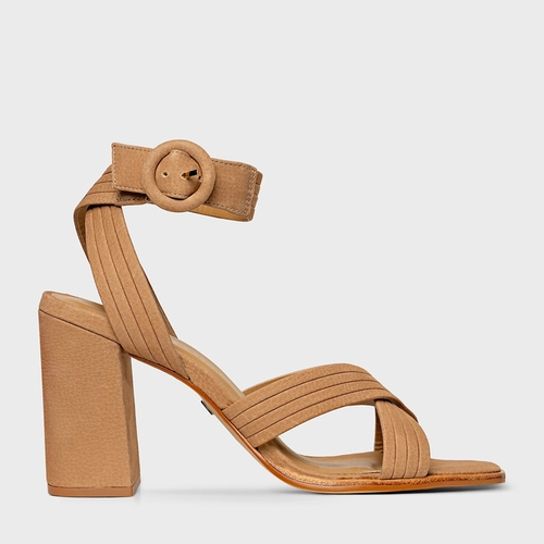 Sandália Infinite Salto Bloco Alto Couro Nobuck Bege Toffee