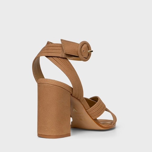 Sandália Infinite Salto Bloco Alto Couro Nobuck Bege Toffee