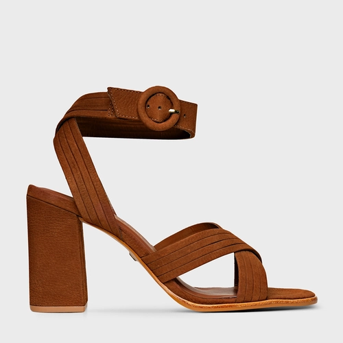 Sandália Infinite Salto Bloco Alto Couro Nobuck Marrom Saddle