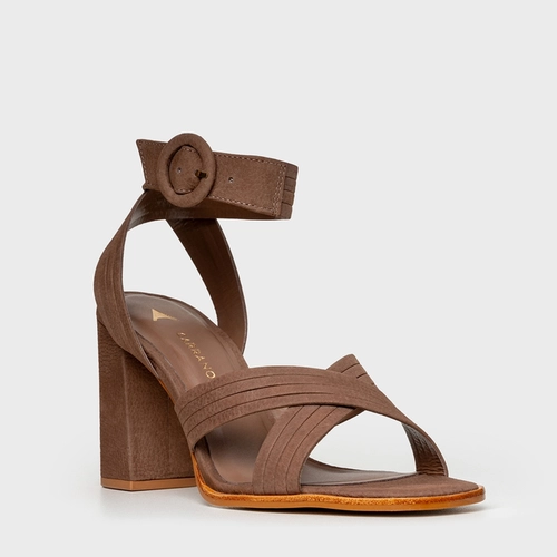 Sandália Infinite Salto Bloco Alto Couro Nobuck Marrom Mocha