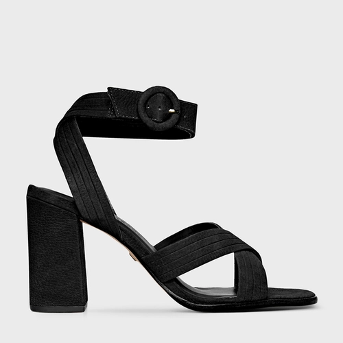 Sandália Infinite Salto Bloco Alto Couro Nobuck Preto