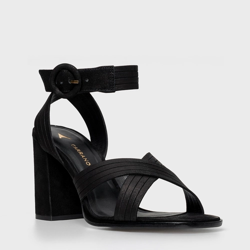 Sandália Infinite Salto Bloco Alto Couro Nobuck Preto