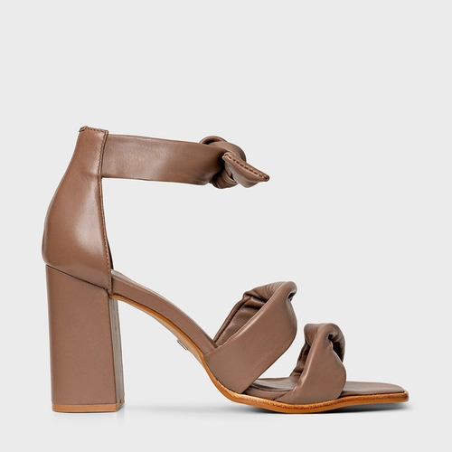 Sandália Twist Lace Knot Salto Bloco Alto Couro Marrom Mocha
