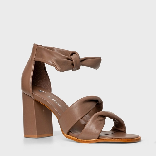 Sandália Twist Lace Knot Salto Bloco Alto Couro Marrom Mocha